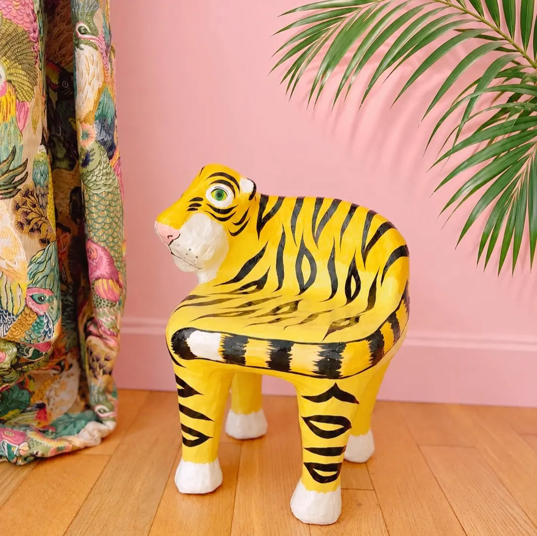 Sellette tigre vintage en papier mâché laqué, années 90
