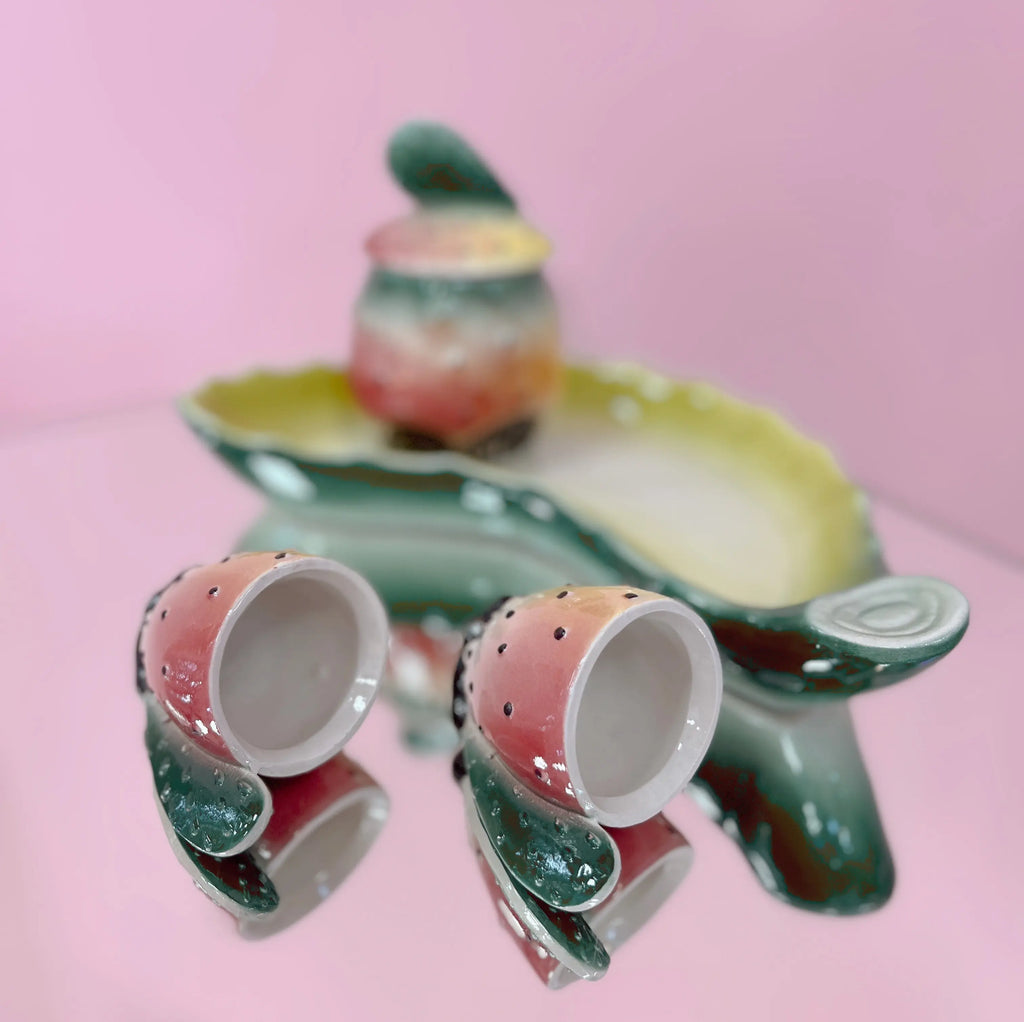 Service à café en céramique sicilienne barbotine figuier de Barbarie, années 70