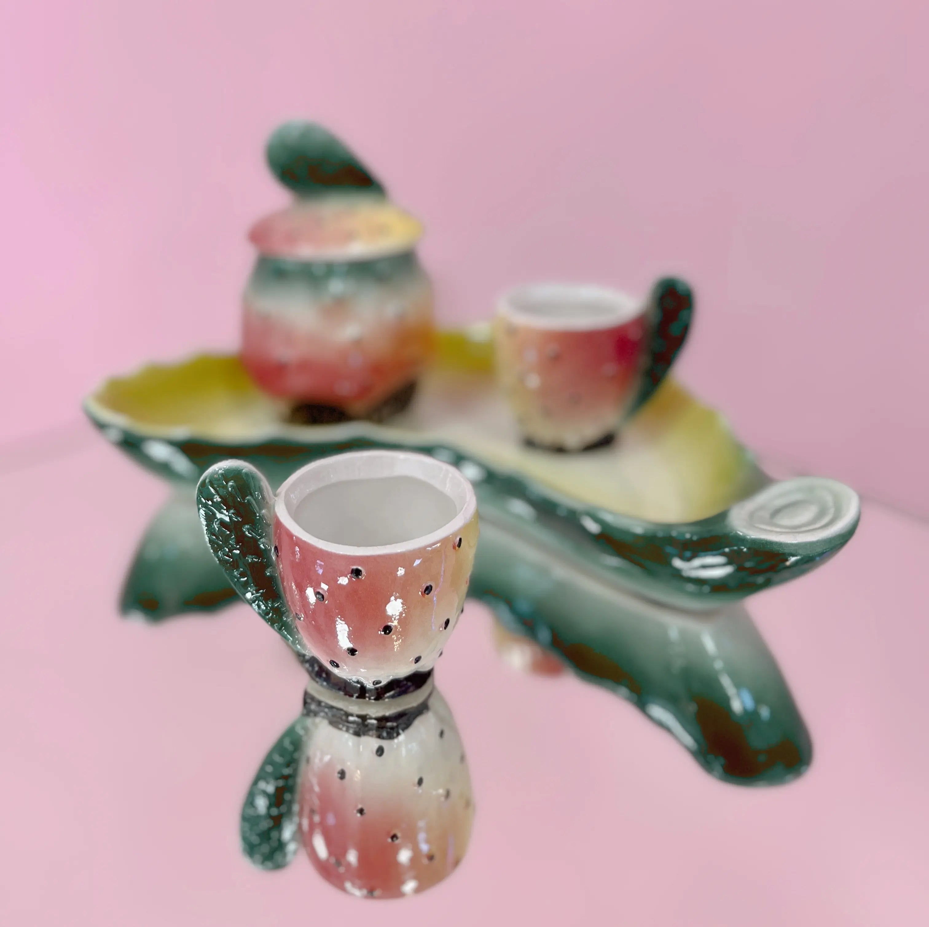 Service à café en céramique sicilienne barbotine figuier de Barbarie, années 70