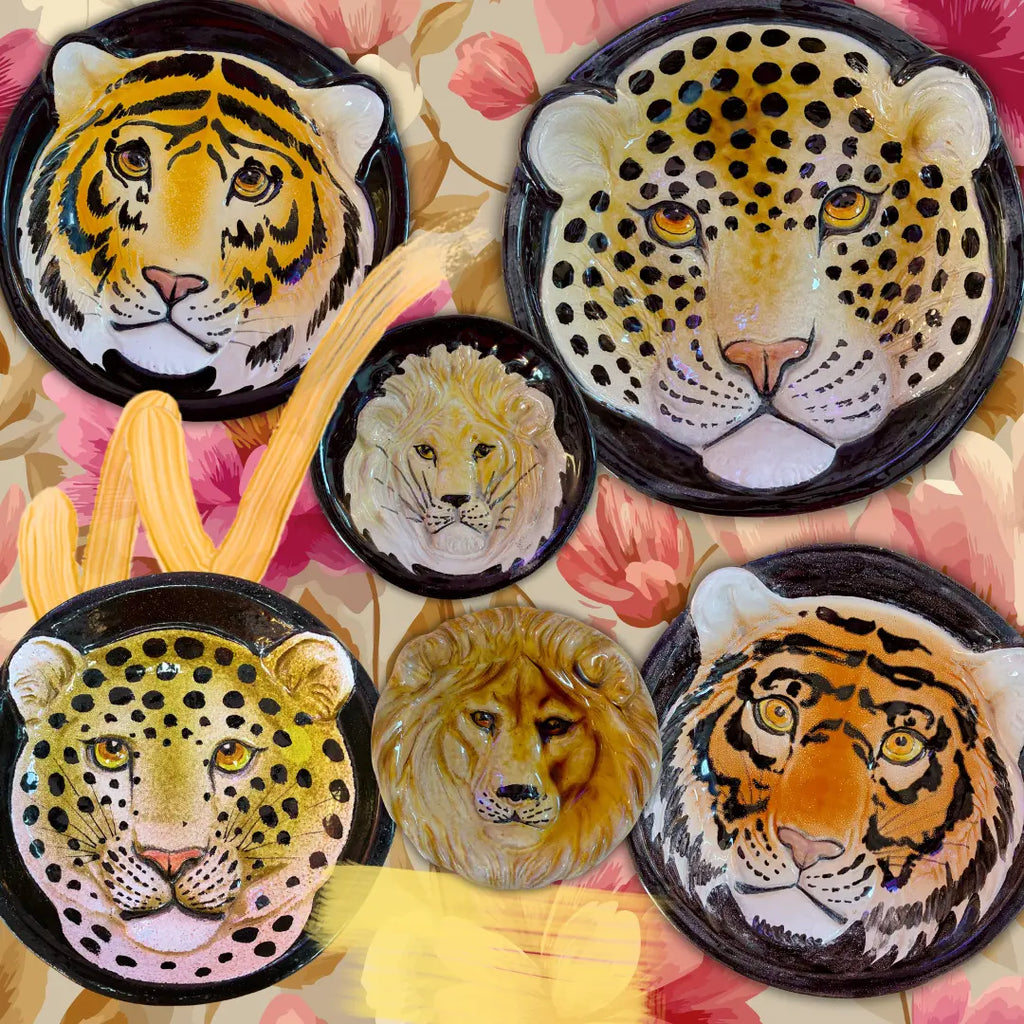 Service félins en céramique vintage, six assiettes italiennes peintes à la main, années 70