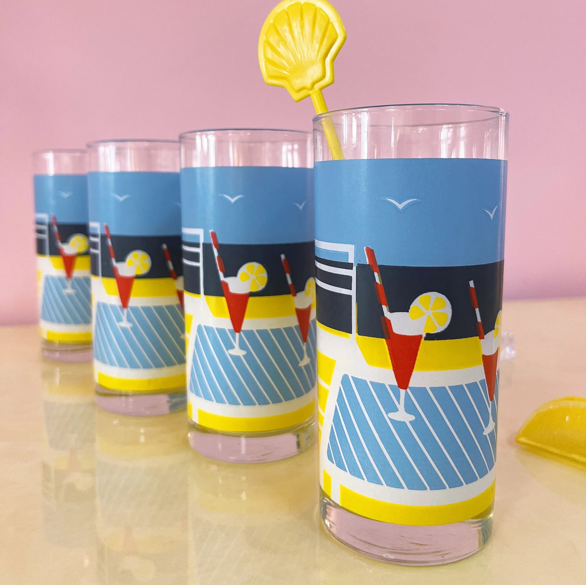 Set de 4 verres tube “Poolside” - Années 80 - Club Barbara
