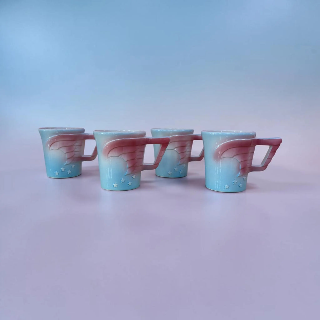 Set de 4 mugs vintage céramique, made in Japan, motif étoiles pastel, Vandor 1979