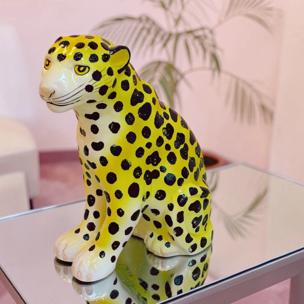 Statue jaguar italien jaune, céramique peinte à la main
