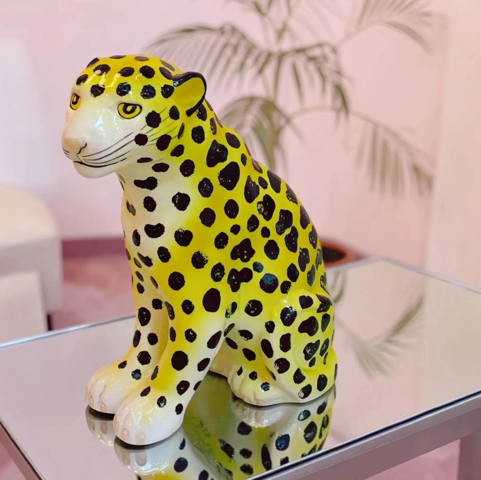 Statue jaguar vintage en céramique italienne émaillée, jaune, années 70 - Club Barbara
