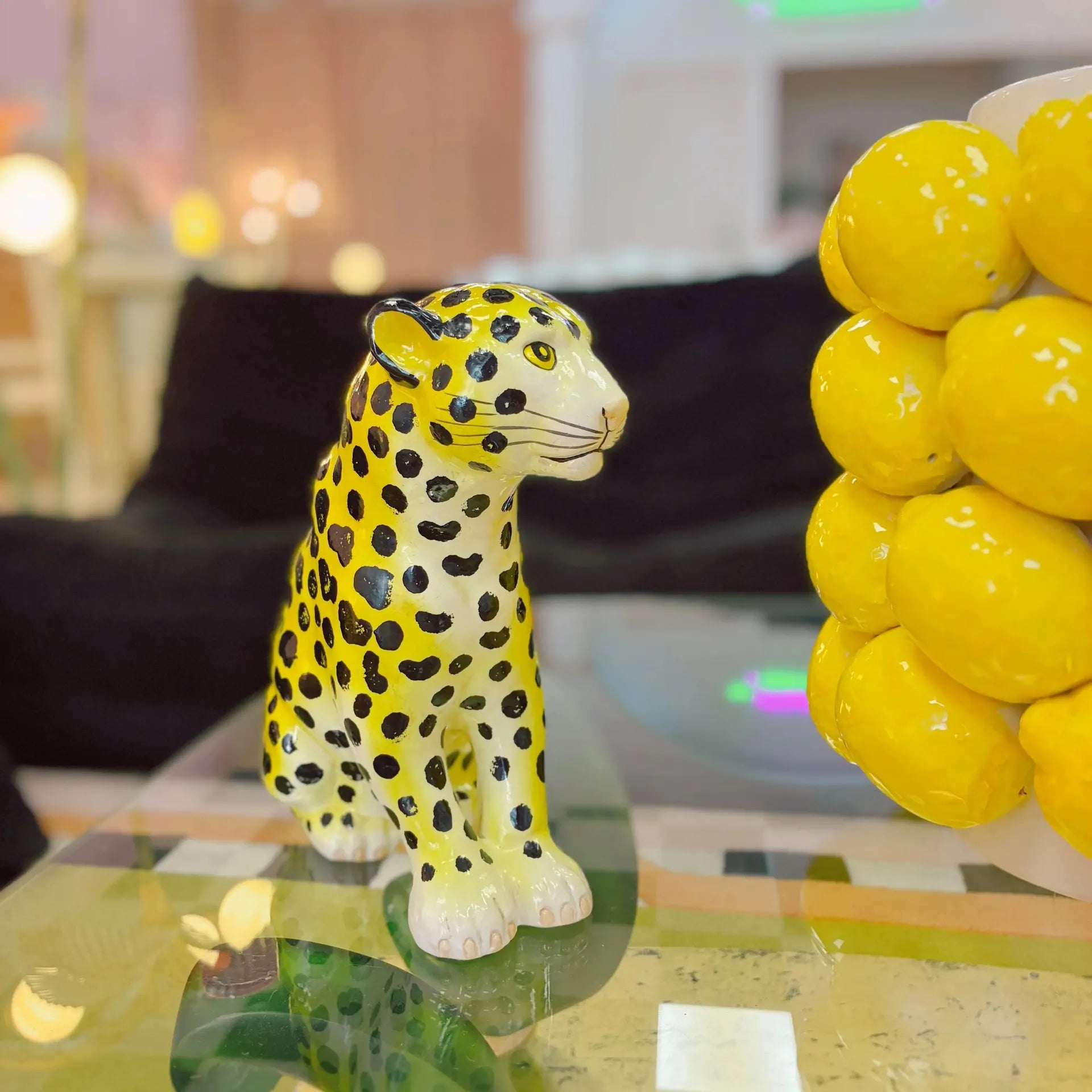 Statue jaguar vintage en céramique italienne émaillée, jaune, années 70 - Club Barbara