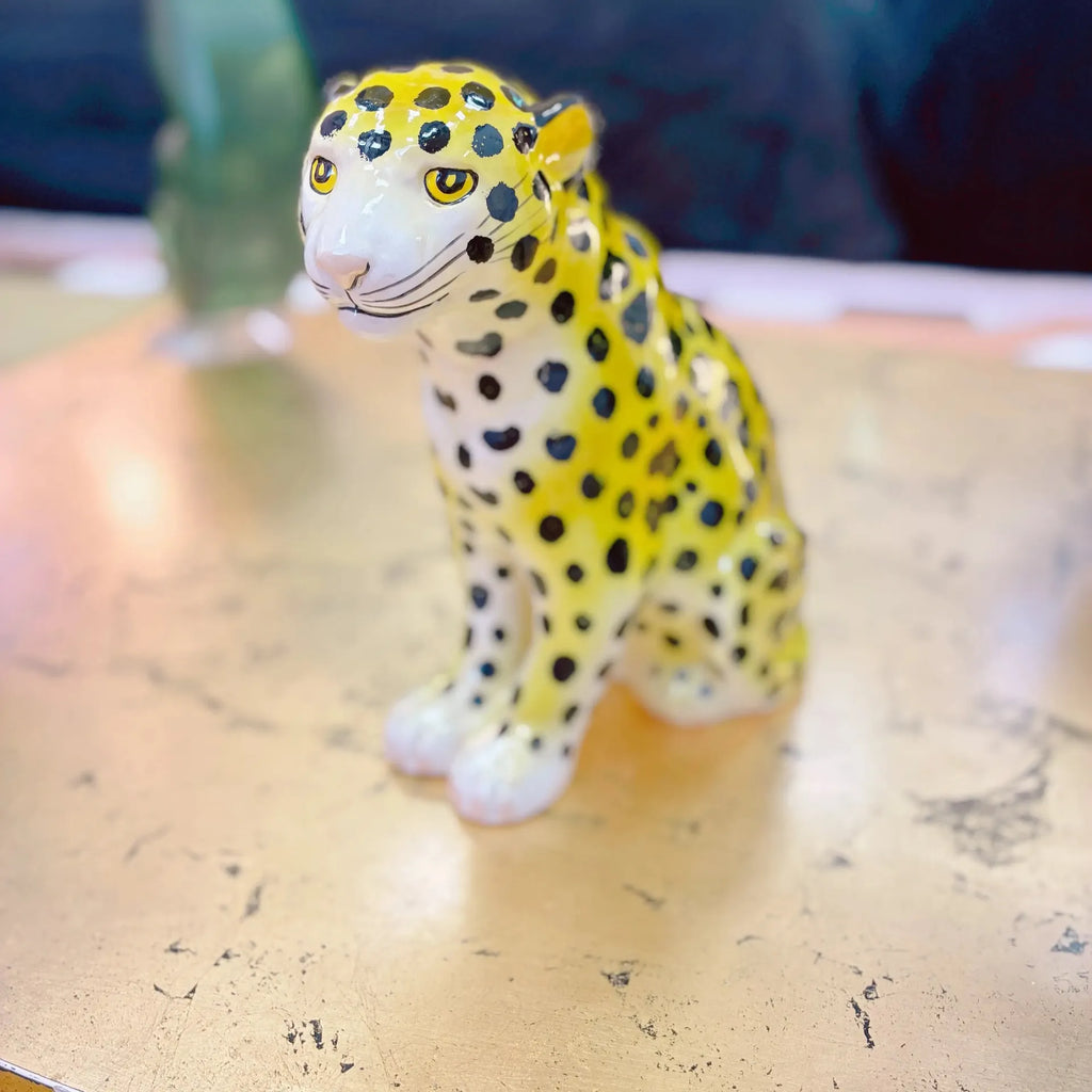 Statue jaguar vintage en céramique italienne émaillée, jaune, années 70 - Club Barbara