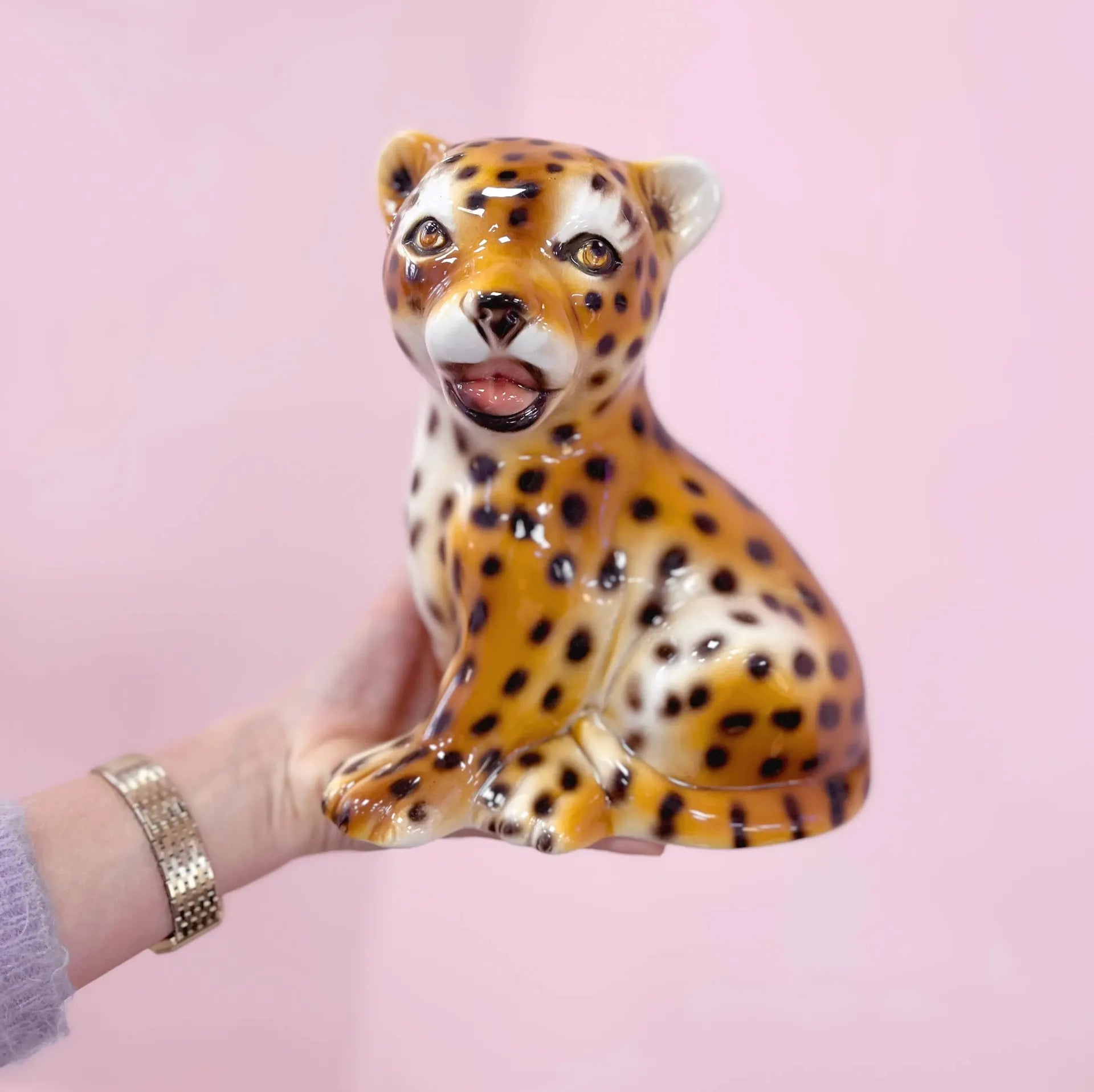 Statuette bébé léopard Capodimonte, céramique émaillée, Italie années 70 - Club Barbara
