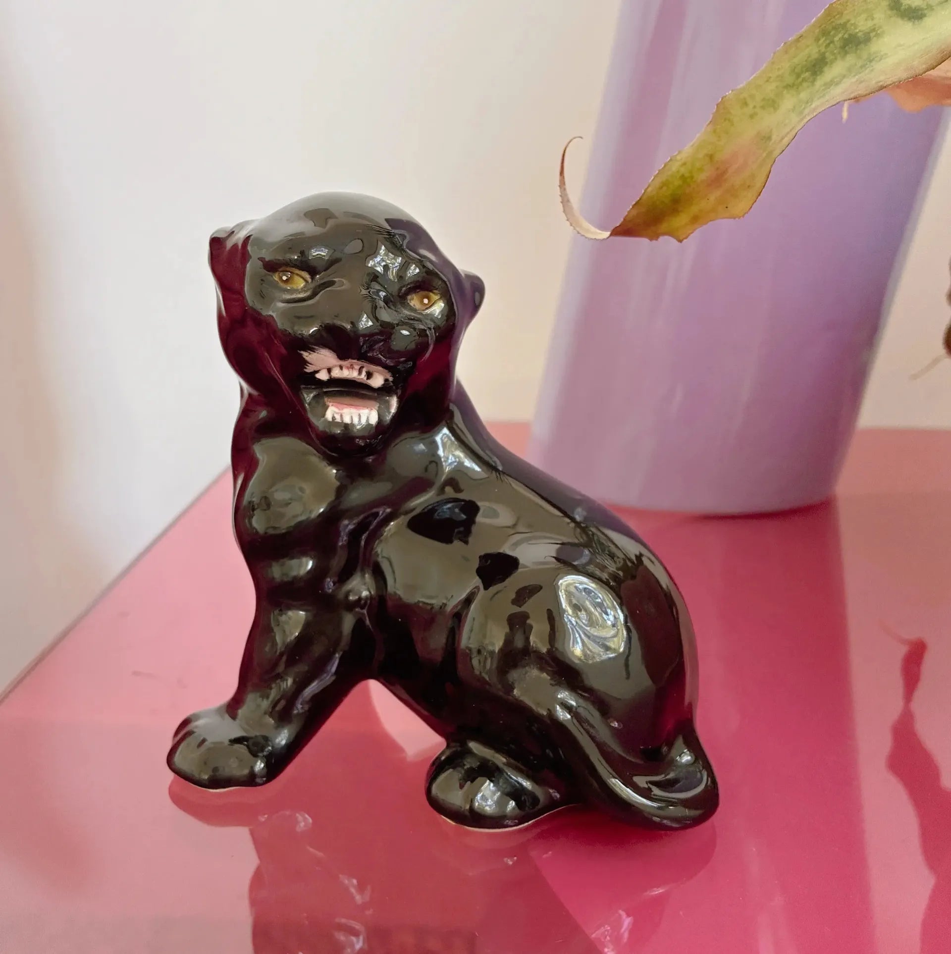 Statuette panthère noire rugissante, céramique vintage, Italie années 70, peinte à la main - Club Barbara