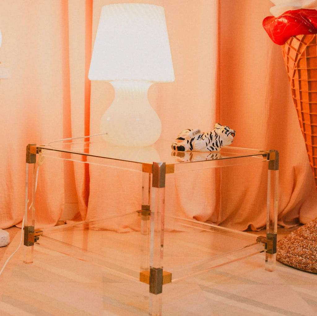Table basse carré, verre, chrome et lucite, dans le goût de Roméo Rega, années 70 - Club Barbara