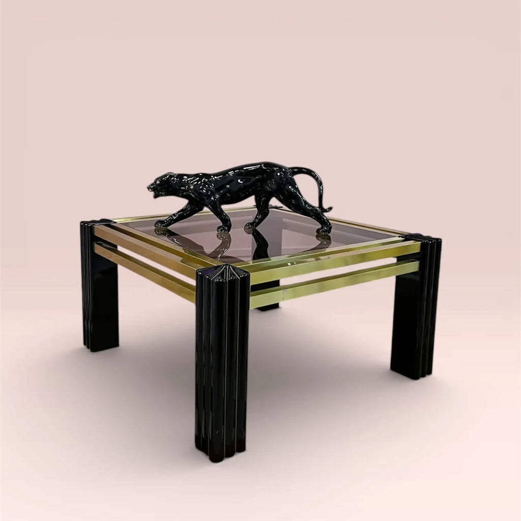 Table basse carrée vintage en laiton doré et verre fumé, dans le goût de Sabot et Maison Jansen, années 80