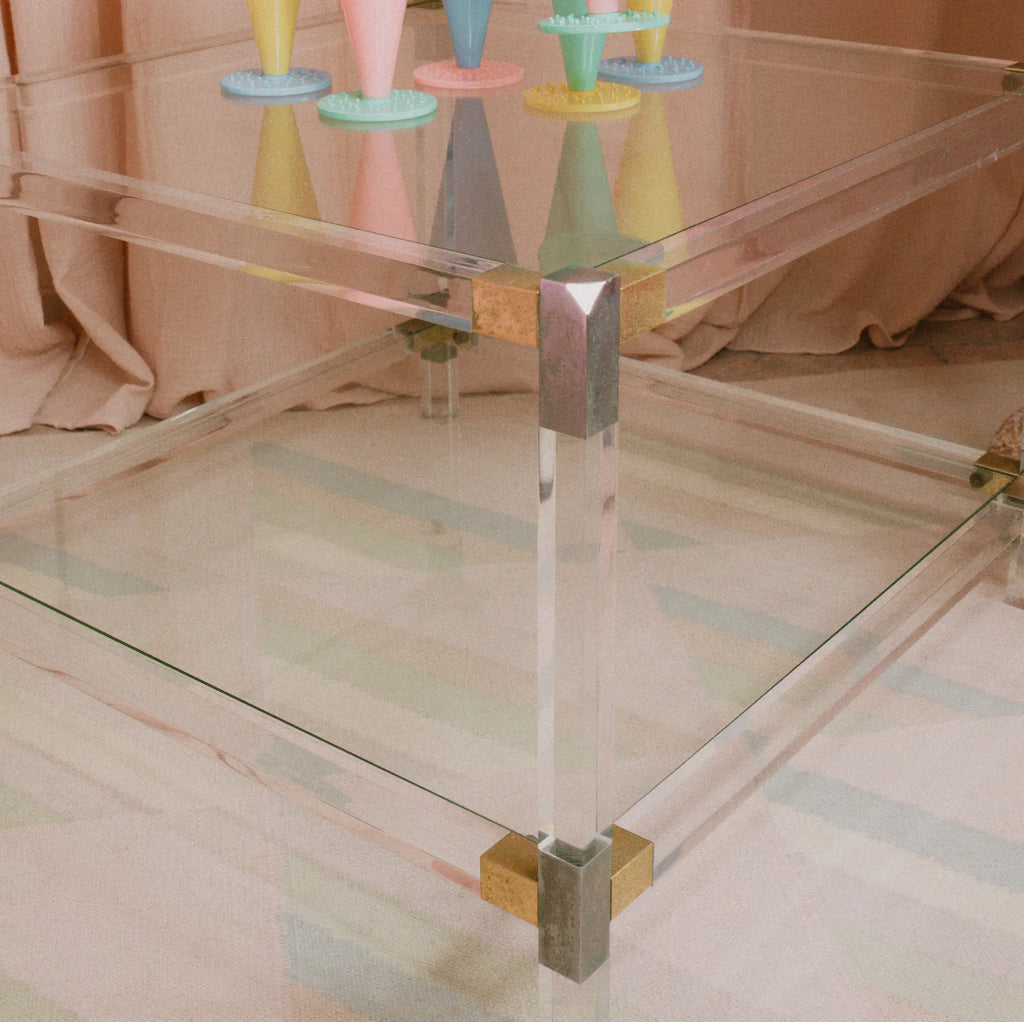 Table basse vintage en lucite transparente et verre, années 70, Club Barbara