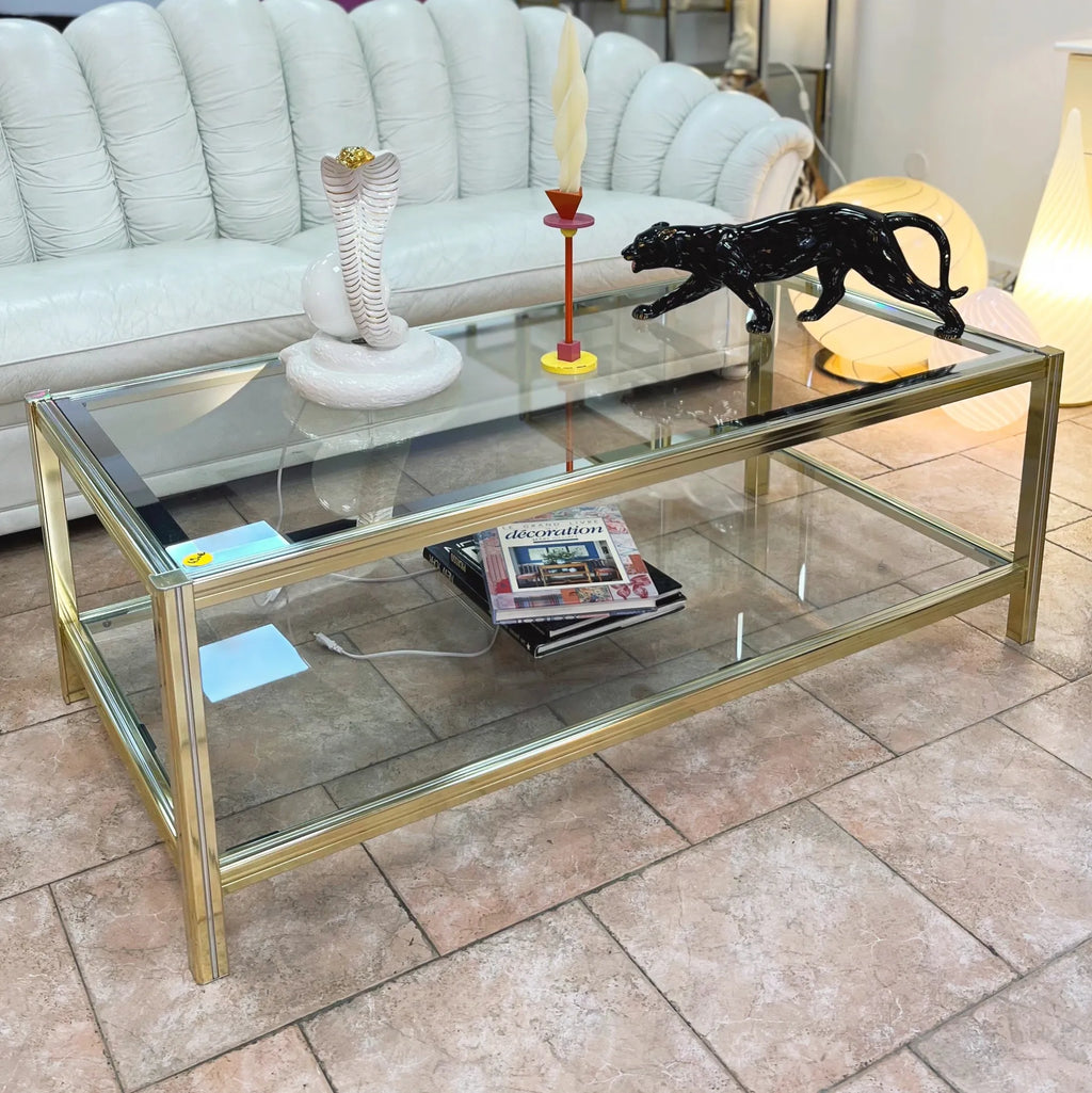 Table basse vintage en verre et chrome, style Pierre Vandel années 80 - Club Barbara