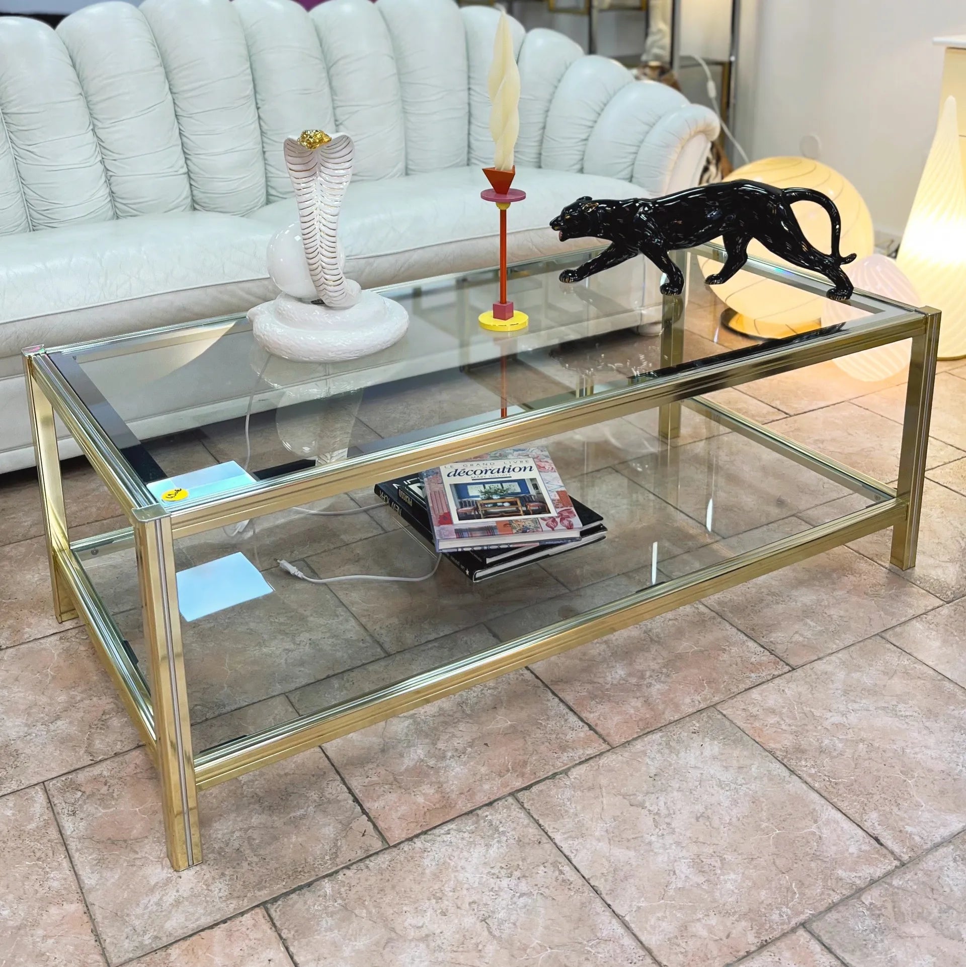 Table basse vintage en verre et chrome, style Pierre Vandel années 80 - Club Barbara