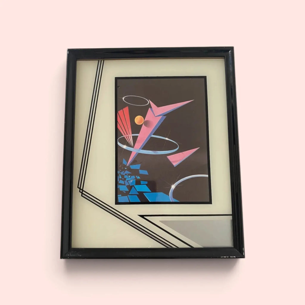 Tableau vintage années 80 à composition géométrique rose et bleue

