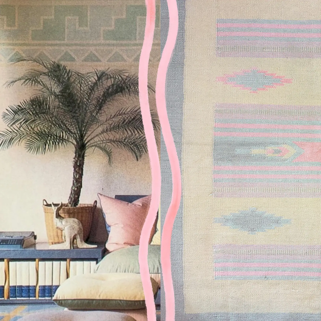 Tapis kilim vintage pastel à franges, motifs aztèques rose et vert d’eau, années 80
