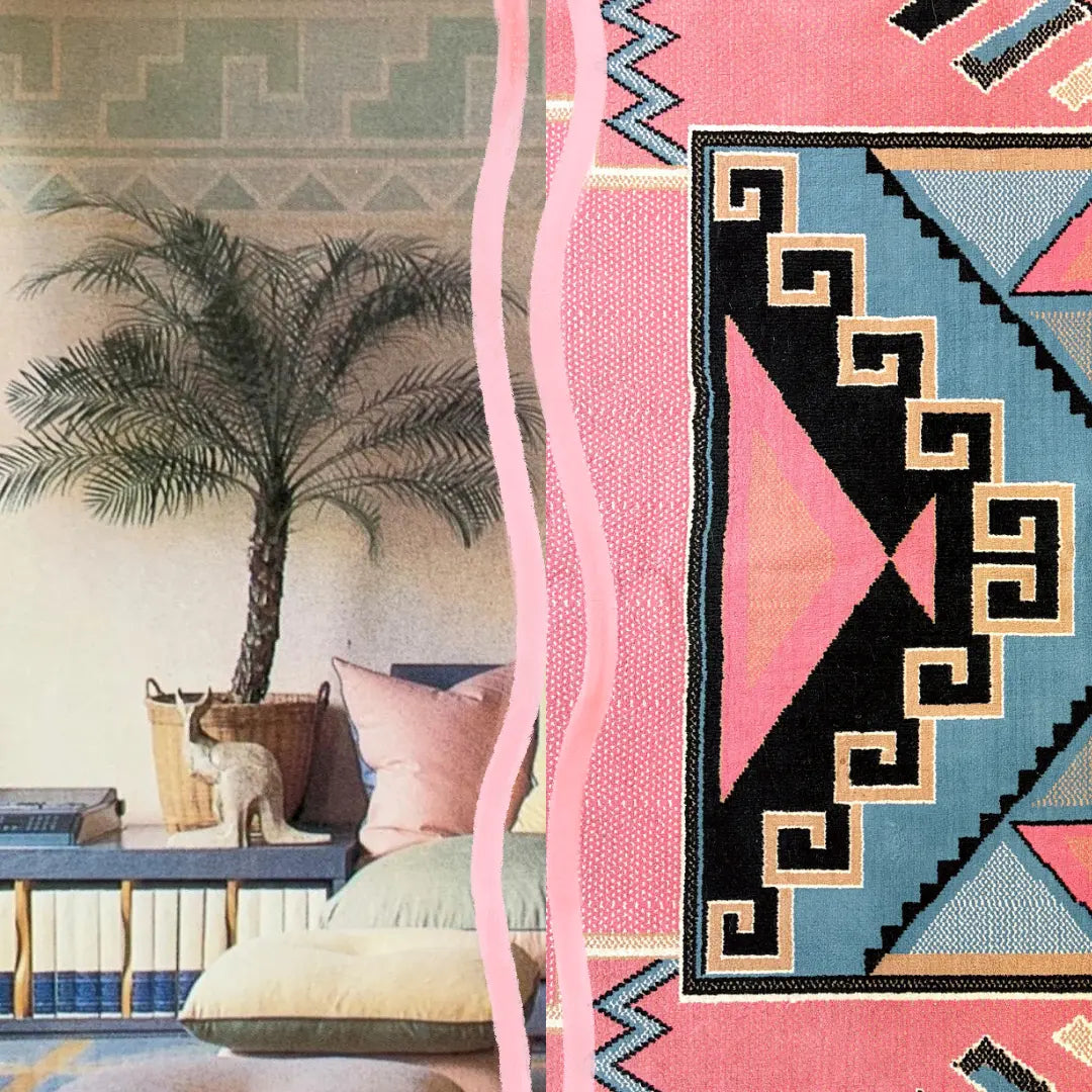 Grand tapis vintage géométrique aztèque rose, années 80, 190 x 270 cm