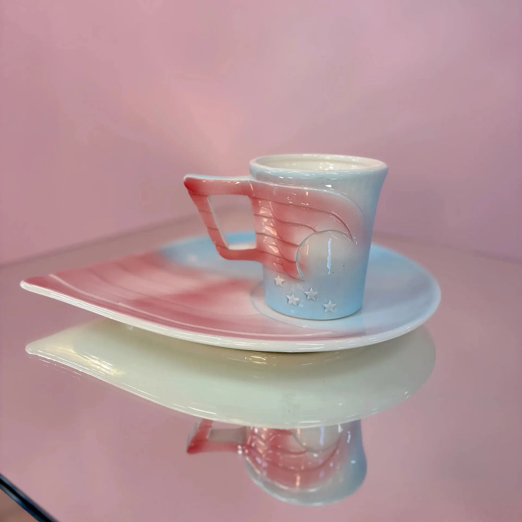 Tasse et sous-tasse vintage céramique, made in Japan, motif étoiles pastel, Vandor 1979 - Club Barbara