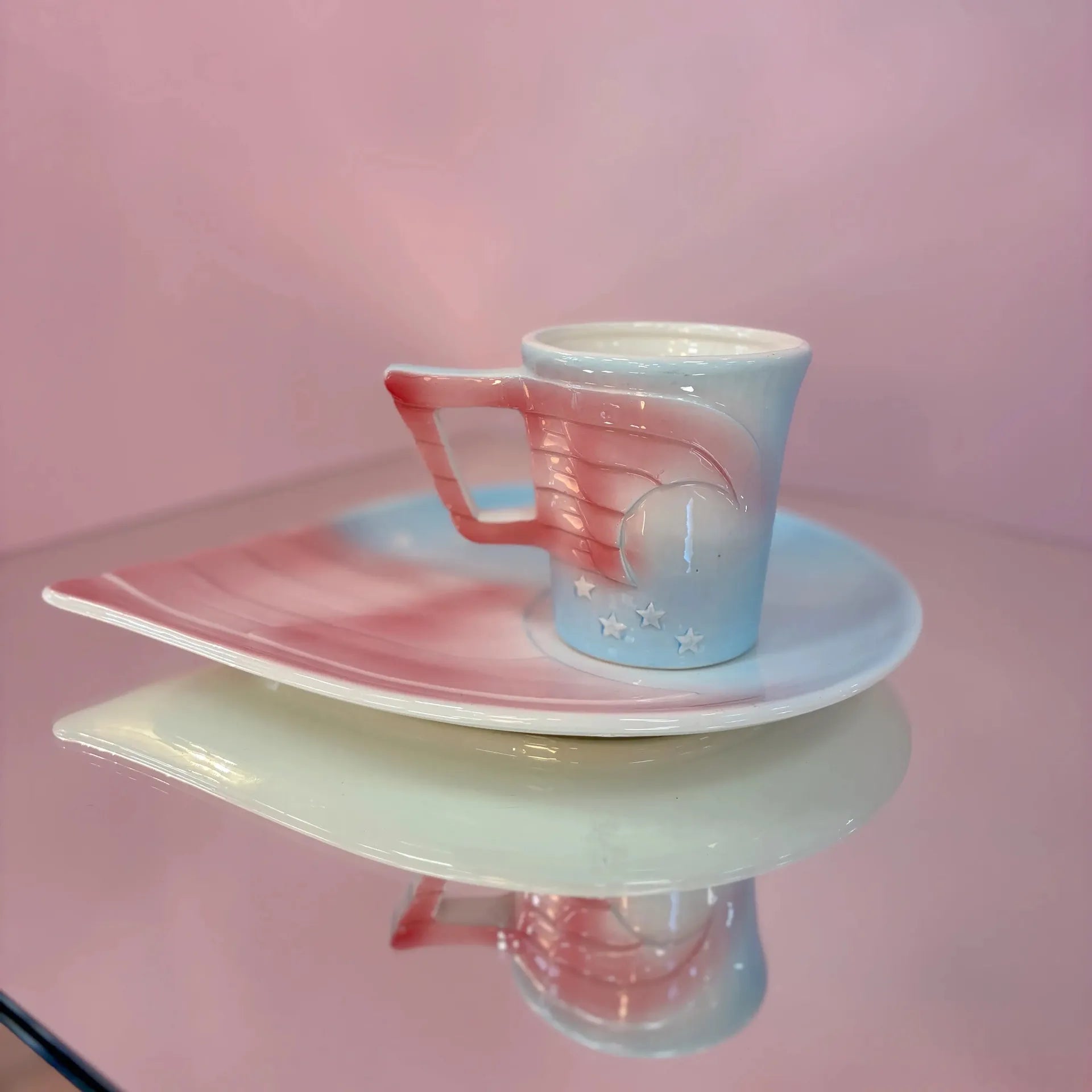 Tasse et sous-tasse vintage céramique, made in Japan, motif étoiles pastel, Vandor 1979 - Club Barbara