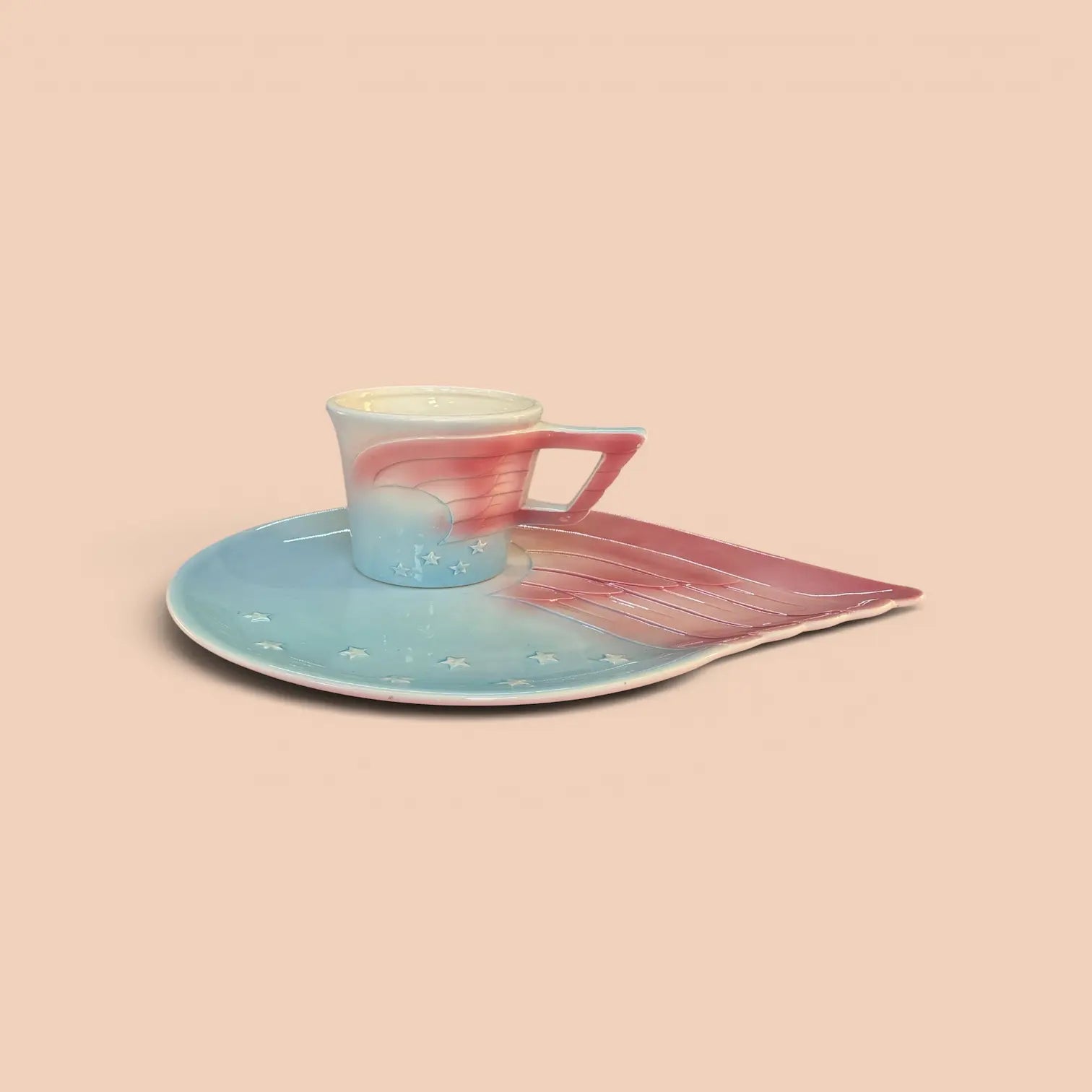 Tasse et sous-tasse vintage céramique, made in Japan, motif étoiles pastel, Vandor 1979