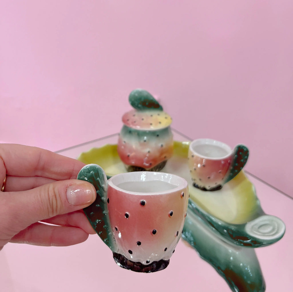 Service à café en céramique sicilienne barbotine figuier de Barbarie, années 70