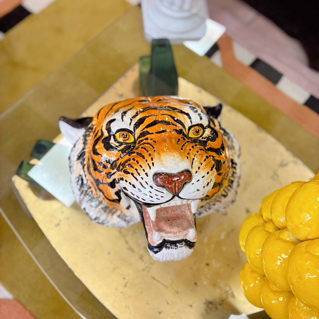 Tête de tigre vintage, trophée en céramique italienne peinte à la main, années 70