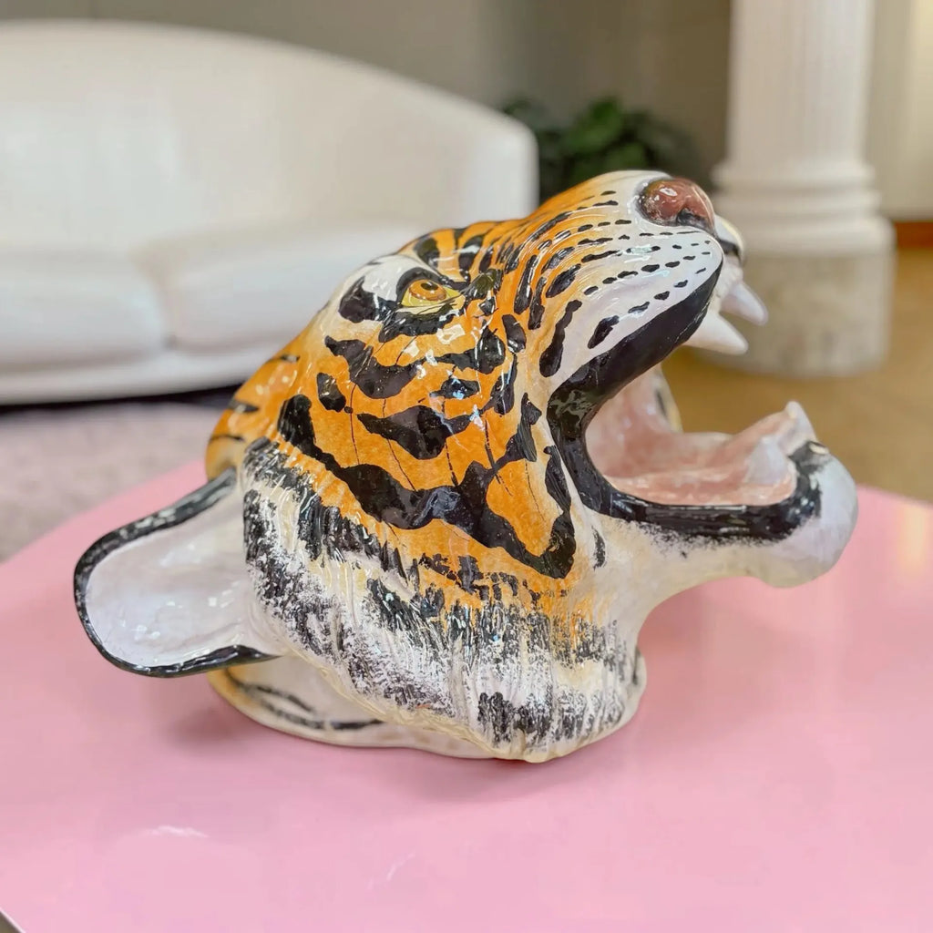 Tête de tigre vintage, trophée en céramique italienne peinte à la main, années 70 - Club Barbara