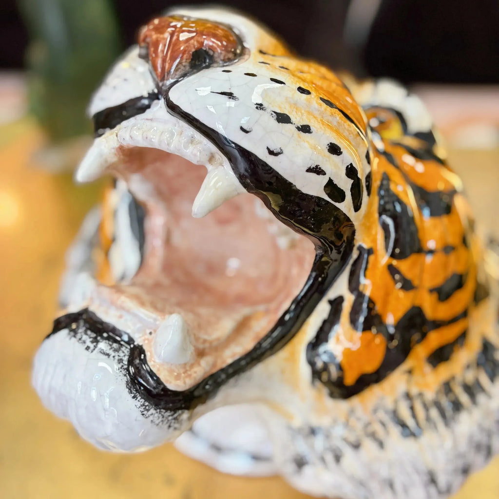 Tête de tigre vintage, trophée en céramique italienne peinte à la main, années 70 - Club Barbara
