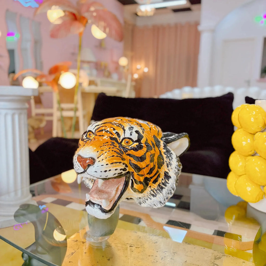 Tête de tigre vintage, trophée en céramique italienne peinte à la main, années 70 - Club Barbara