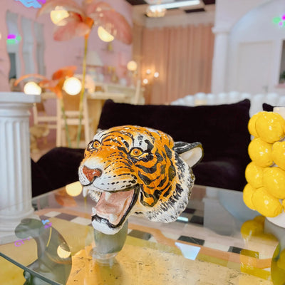 Tête de tigre vintage, trophée en céramique italienne peinte à la main, années 70 - Club Barbara
