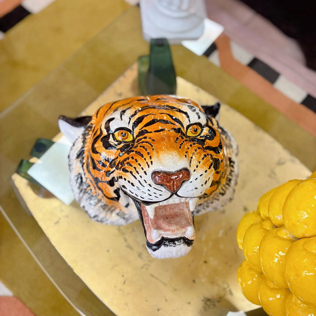 Tête de tigre vintage, trophée en céramique italienne peinte à la main, années 70 - Club Barbara