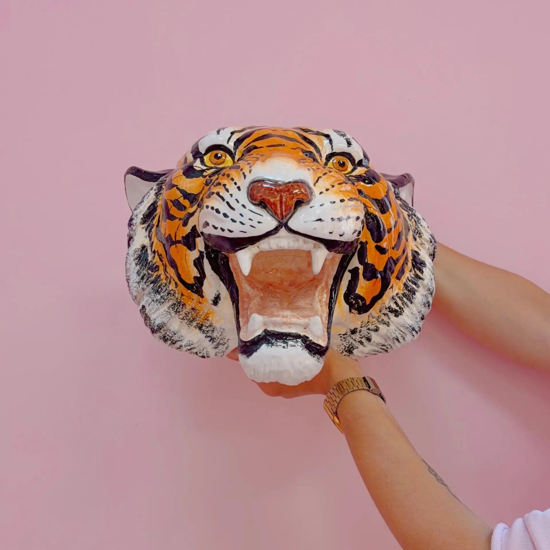 Tête de tigre vintage, trophée en céramique italienne peinte à la main, années 70 - Club Barbara