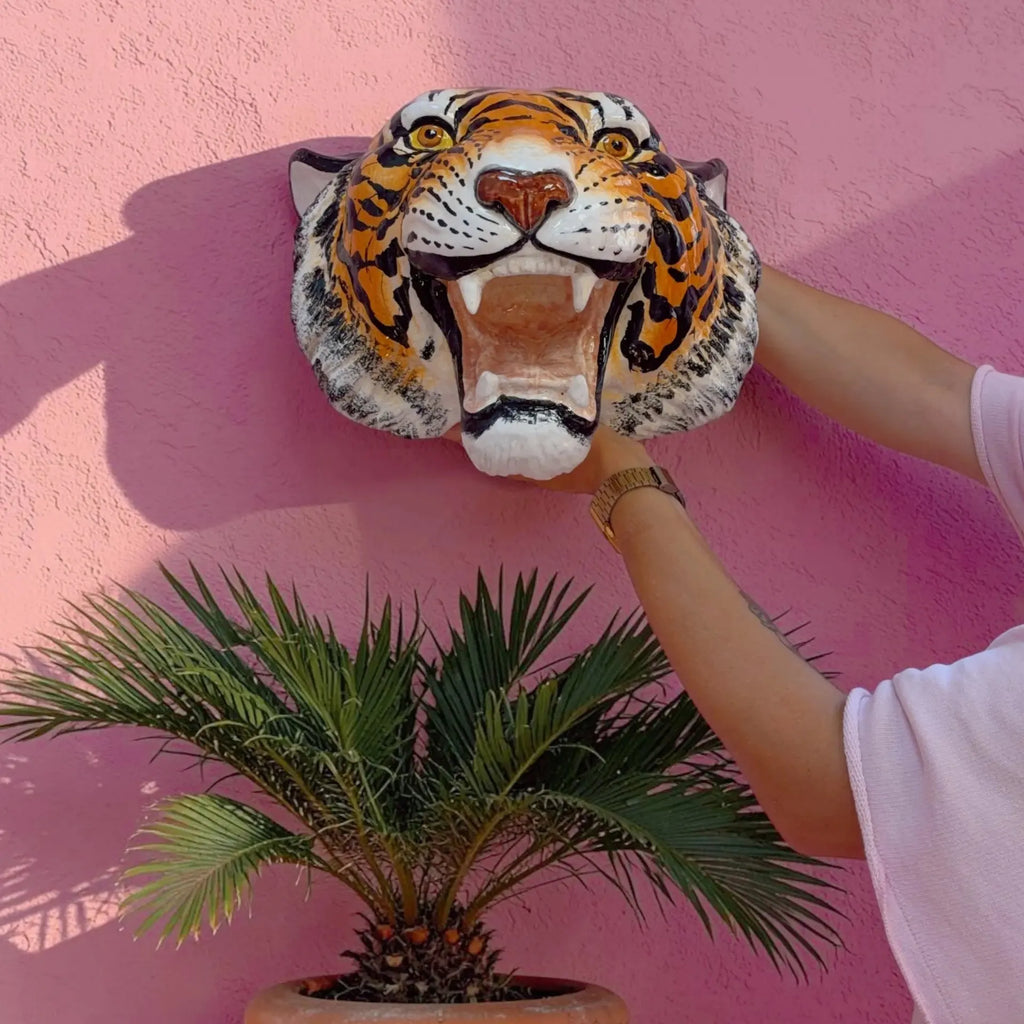 Tête de tigre vintage, trophée en céramique italienne peinte à la main, années 70 - Club Barbara