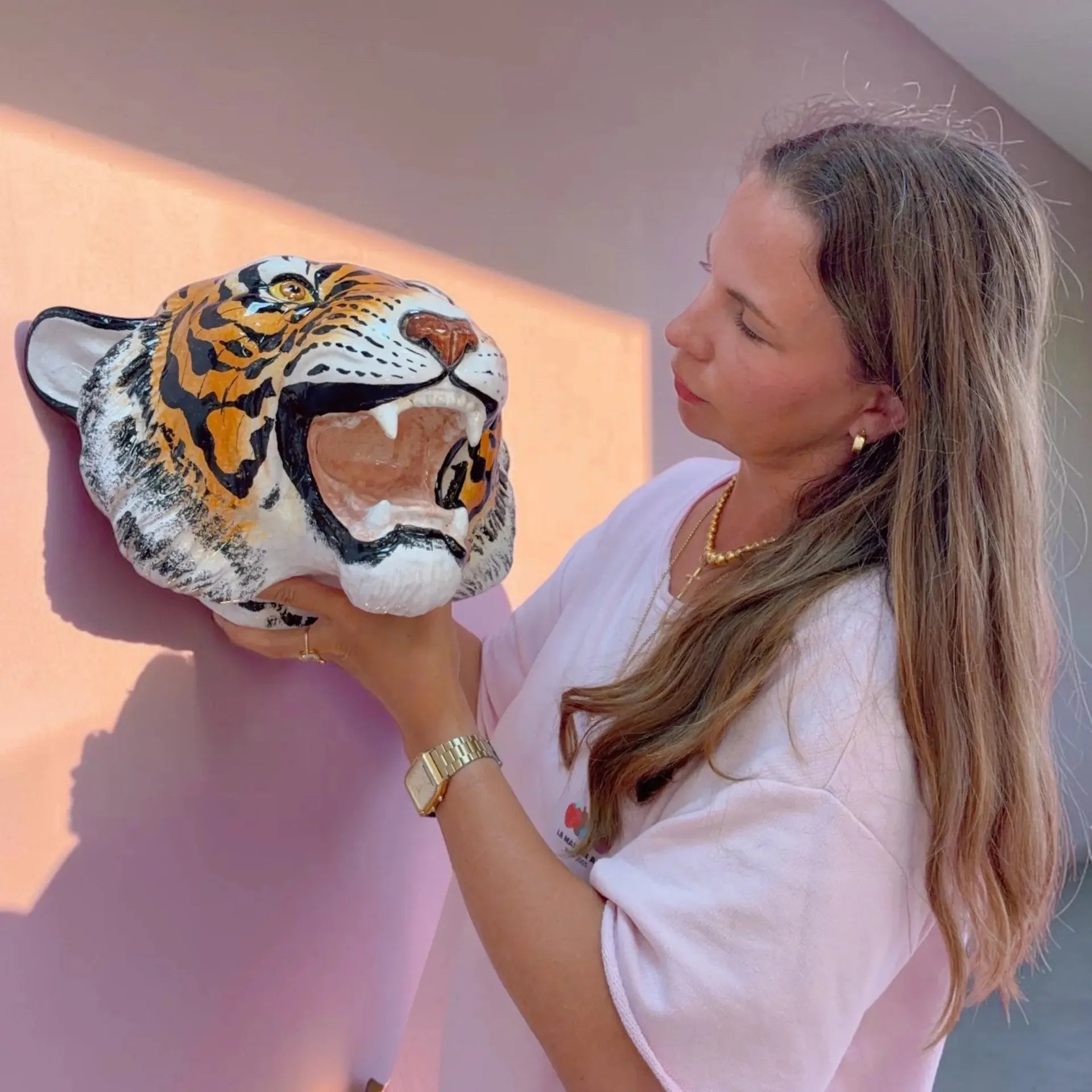 Tête de tigre vintage, trophée en céramique italienne peinte à la main, années 70 - Club Barbara