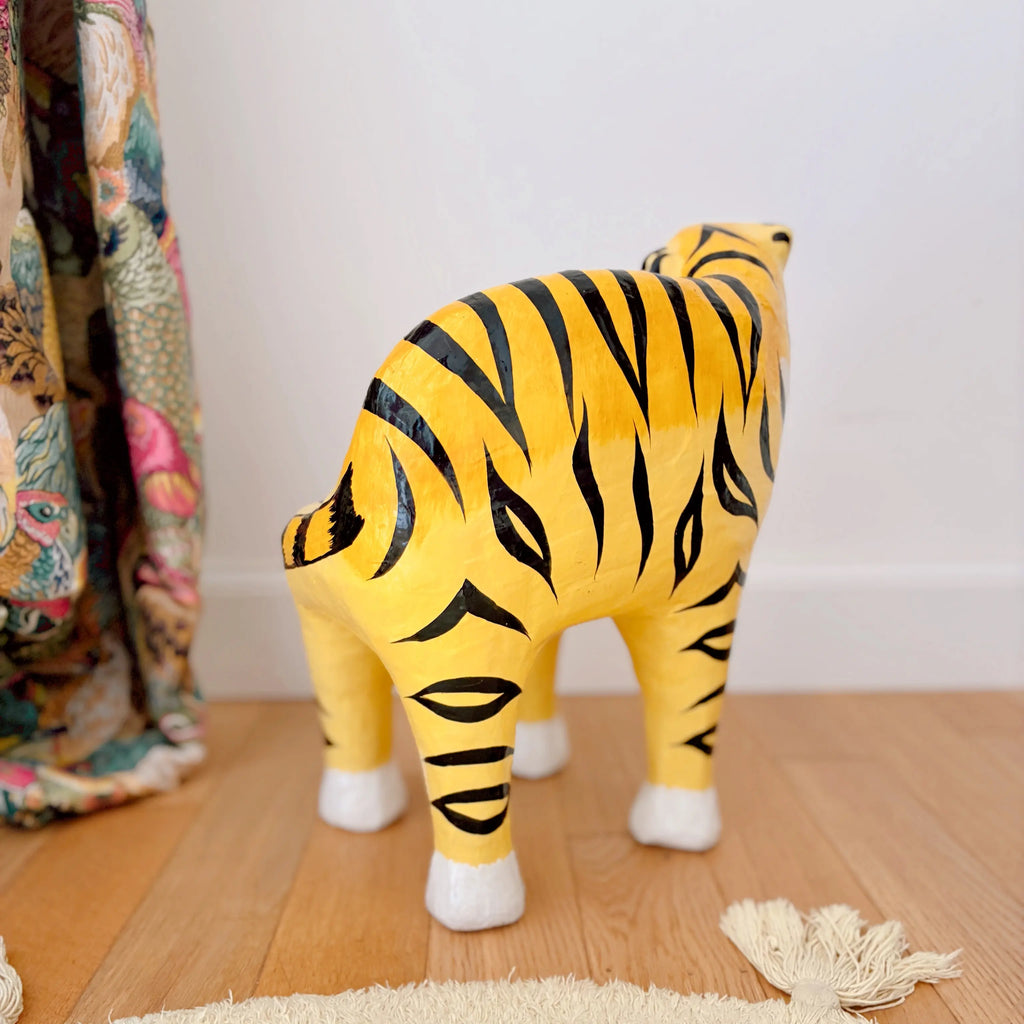 Sellette tigre vintage en papier mâché laqué, porte plante, années 90