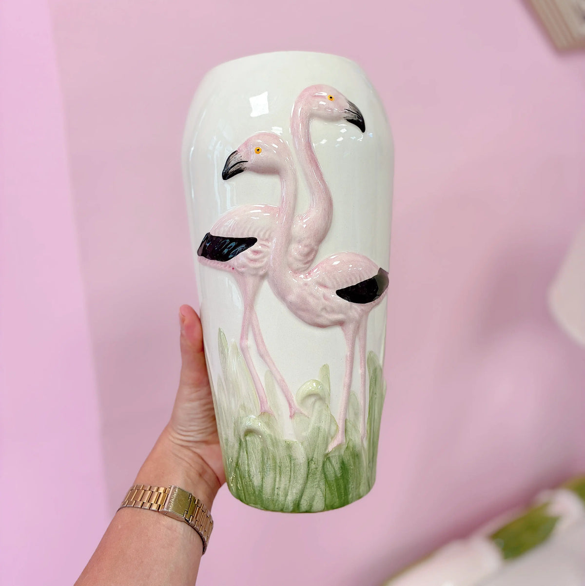 Vase vintage flamant rose en céramique, décor en relief peint main, années 80