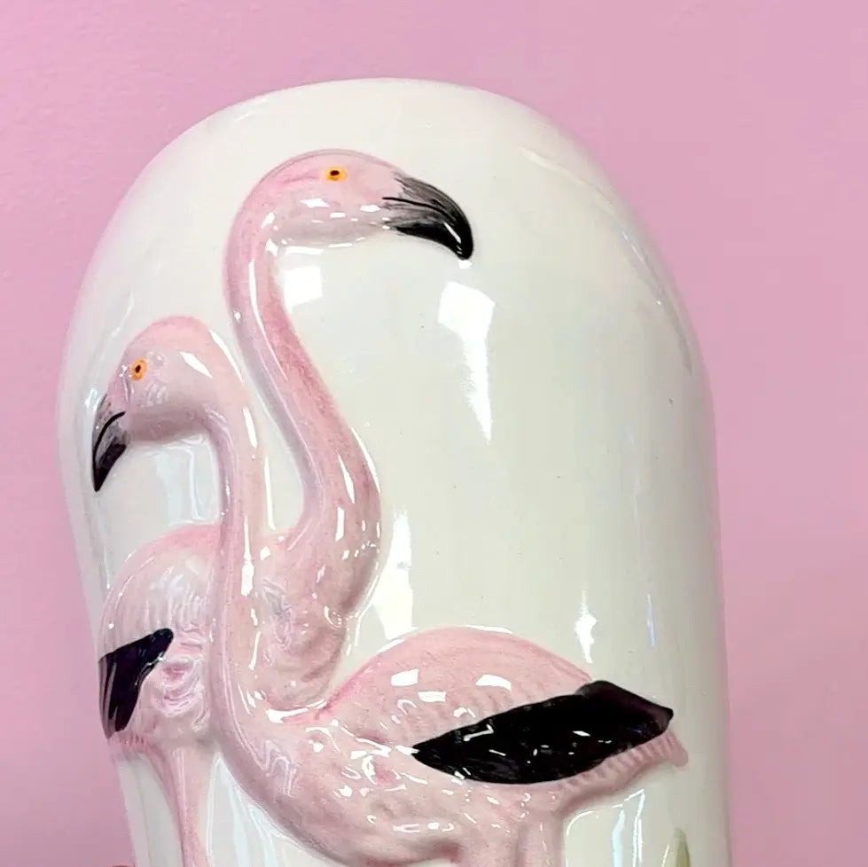 Vase flamant rose années 80, céramique peinte à la main
