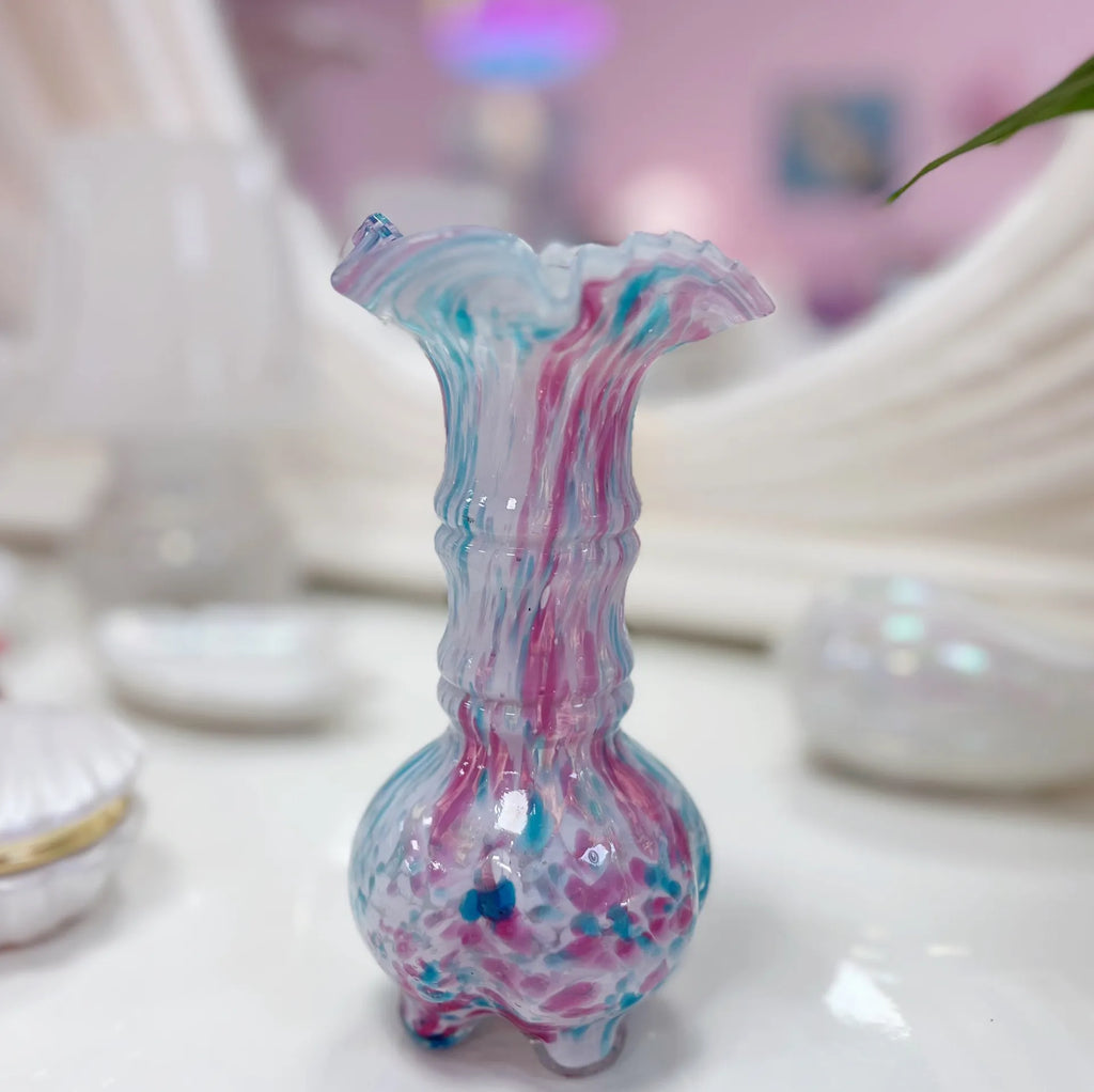 Vase moucheté rose et bleu col corolle, dans le goût du verre de Clichy - Club Barbara