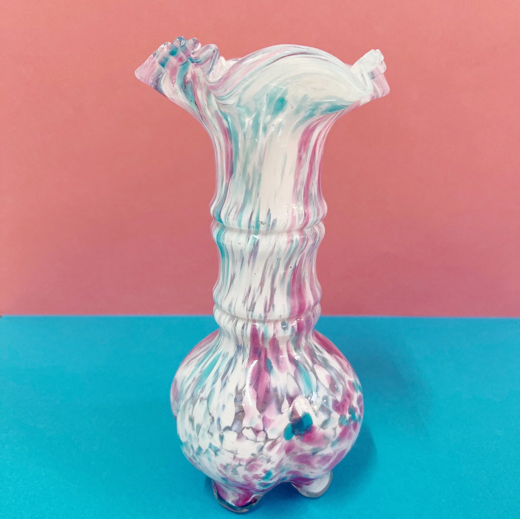 Vase moucheté rose et bleu col corolle, dans le goût du verre de Clichy - Club Barbara