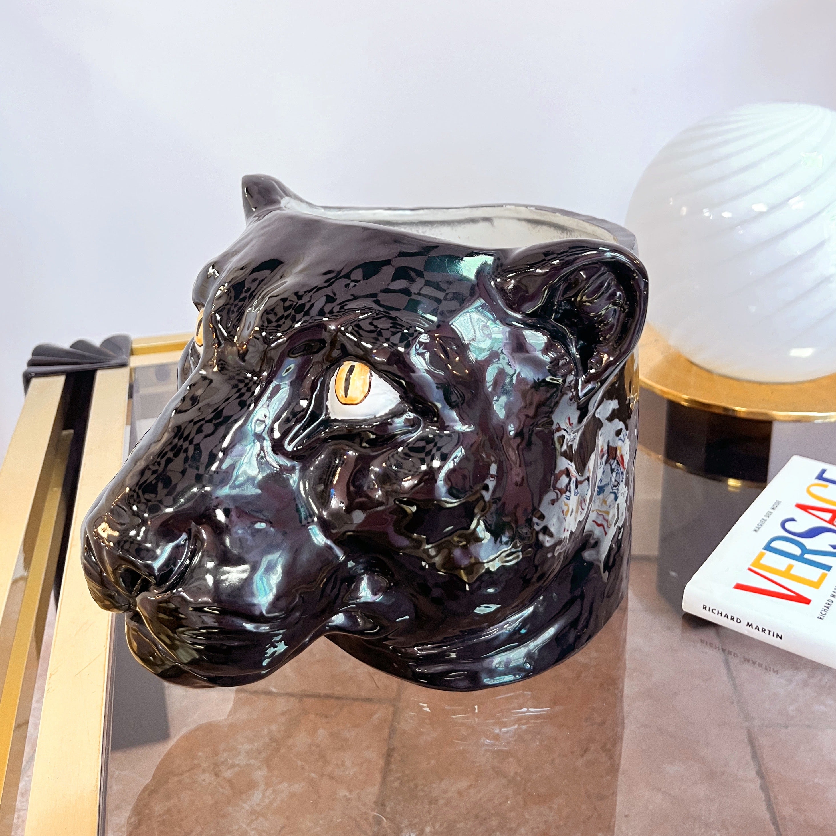 Cache-pot Panthère Noire en Céramique Émaillée, Années 80
