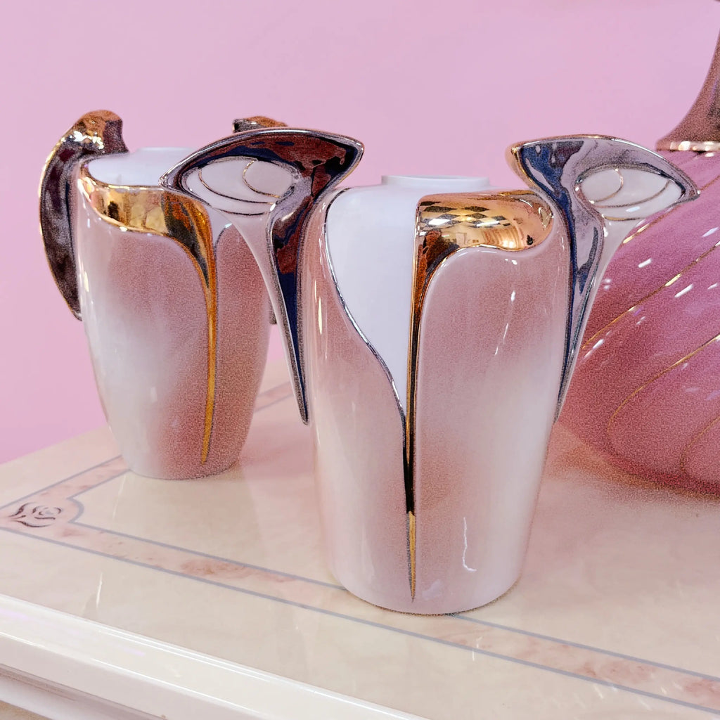 Paire de vases Porcelanas Galos en porcelaine platine et or, Espagne années 80, Club Barbara