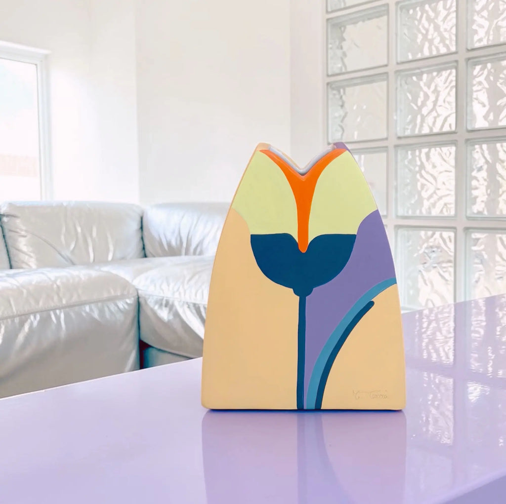 Vase vintage en céramique peinte à la main, décor floral, années 80
