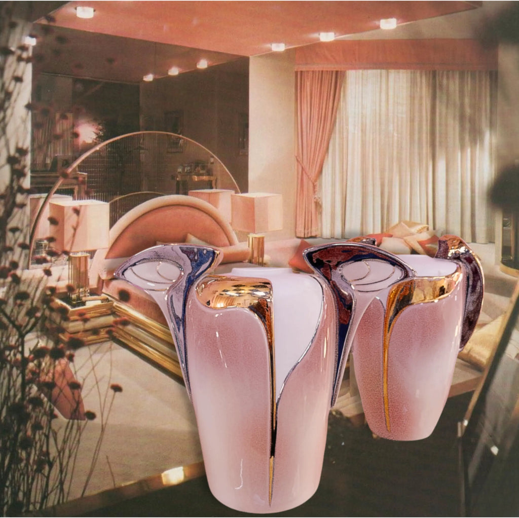 Vases Galos en porcelaine à pétales platine miroir, collection postmoderne 80s, Club Barbara
