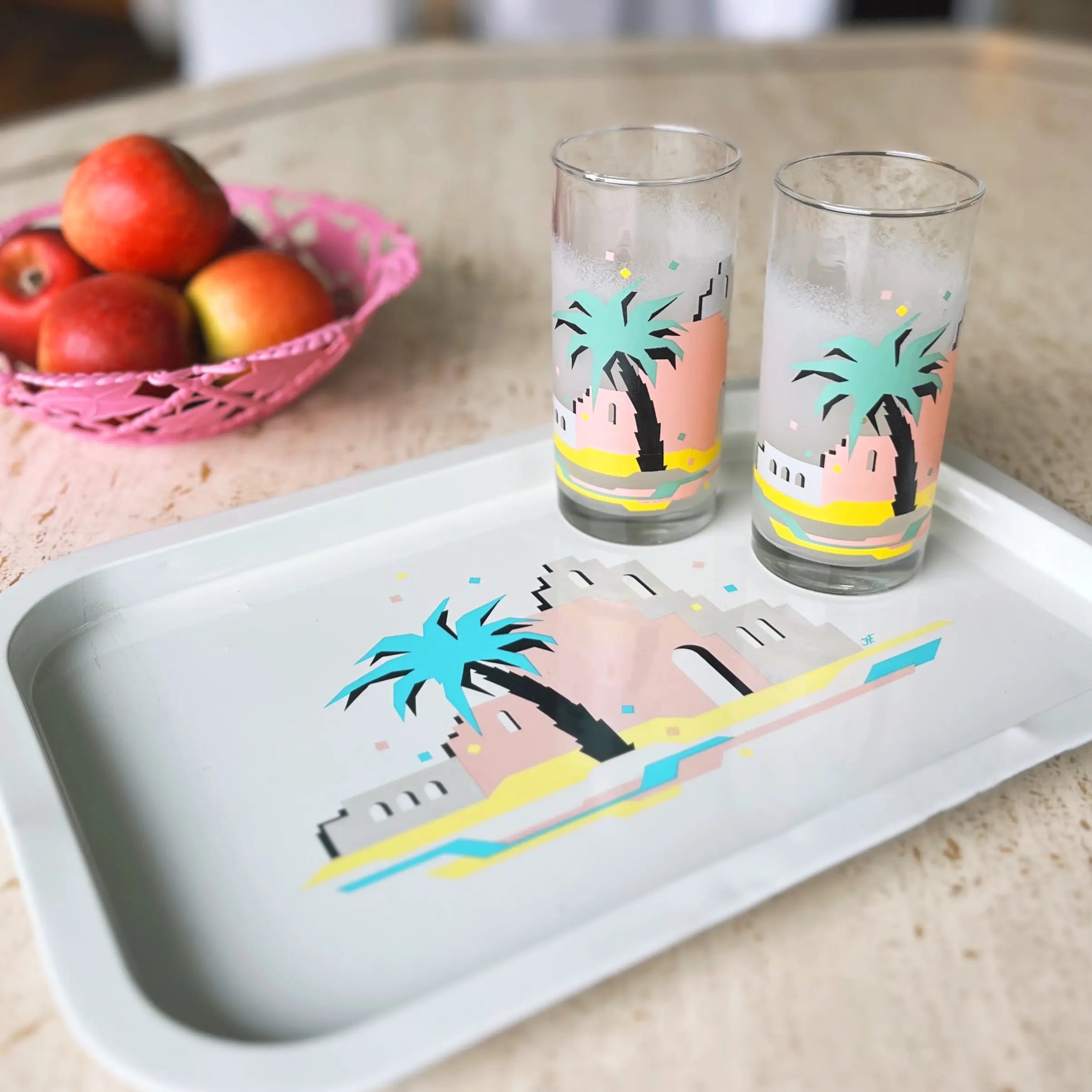 Deux verres tube vintage décor palmier pastel, Club Barbara
