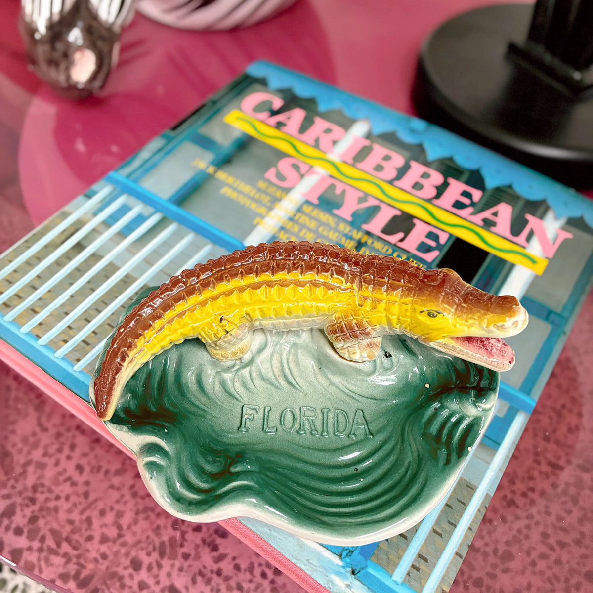 Vide-poche crocodile vintage en céramique, alligator Florida, souvenir de Floride
