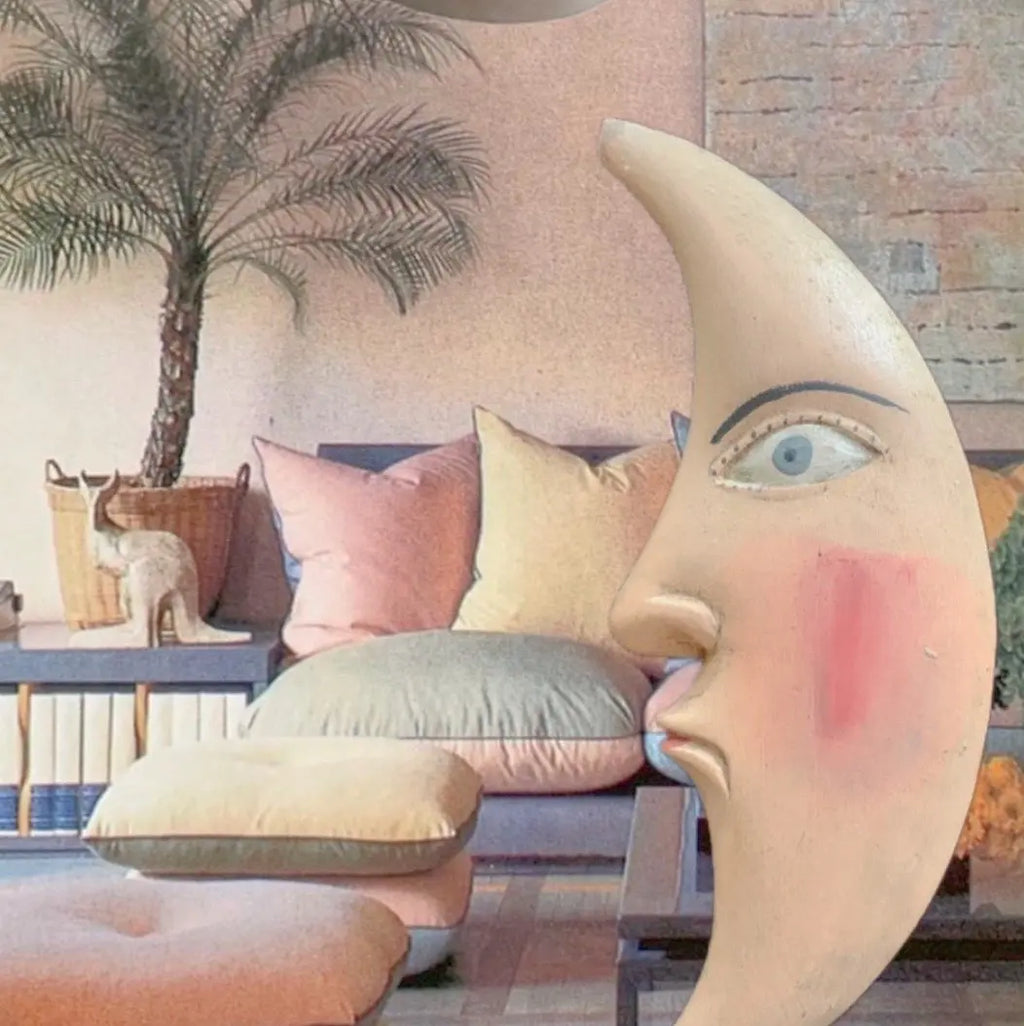 Sculpture murale lune, visage sculpté Moon Man, Folk Art vintage, années 80