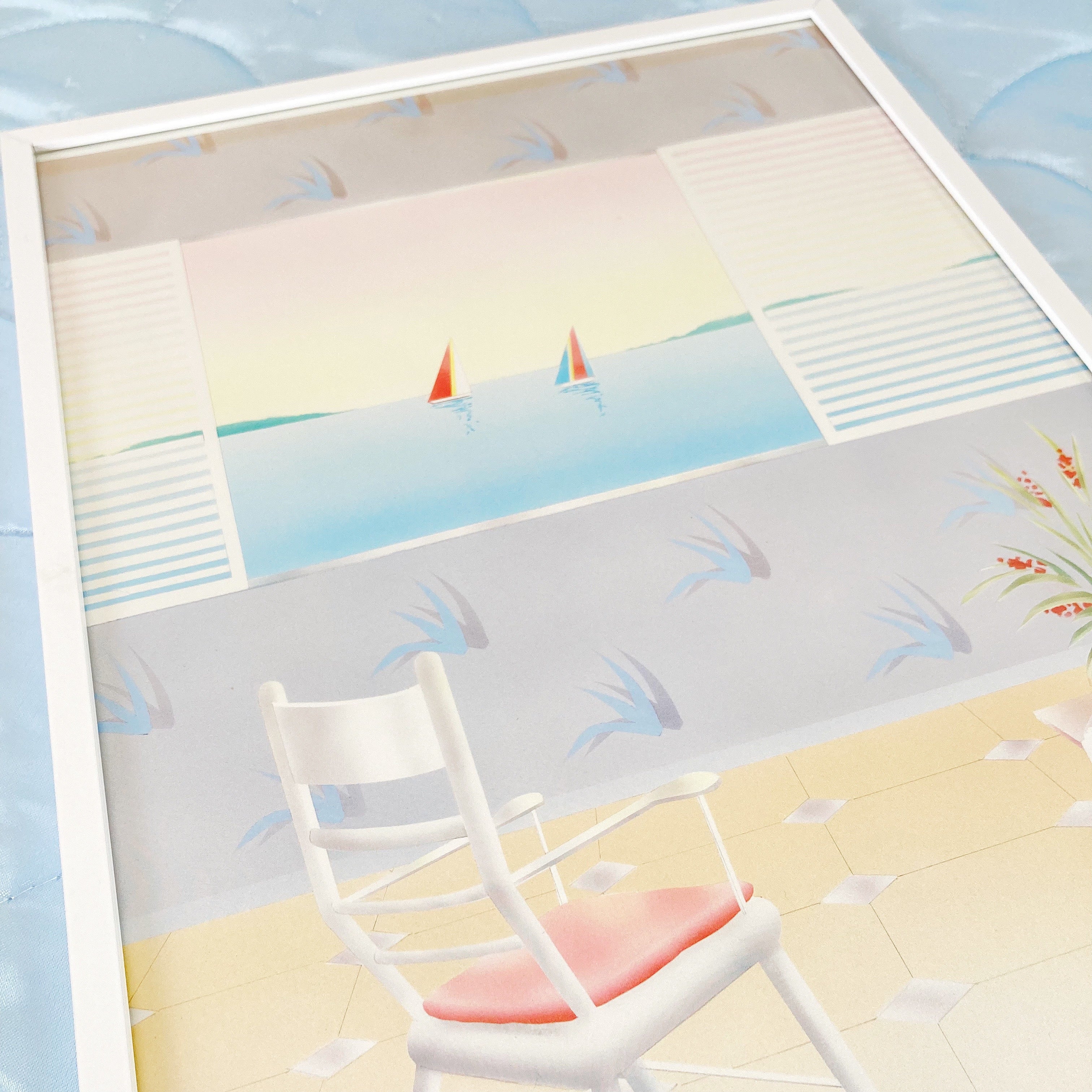 Lithographie années 80 vue mer pastel