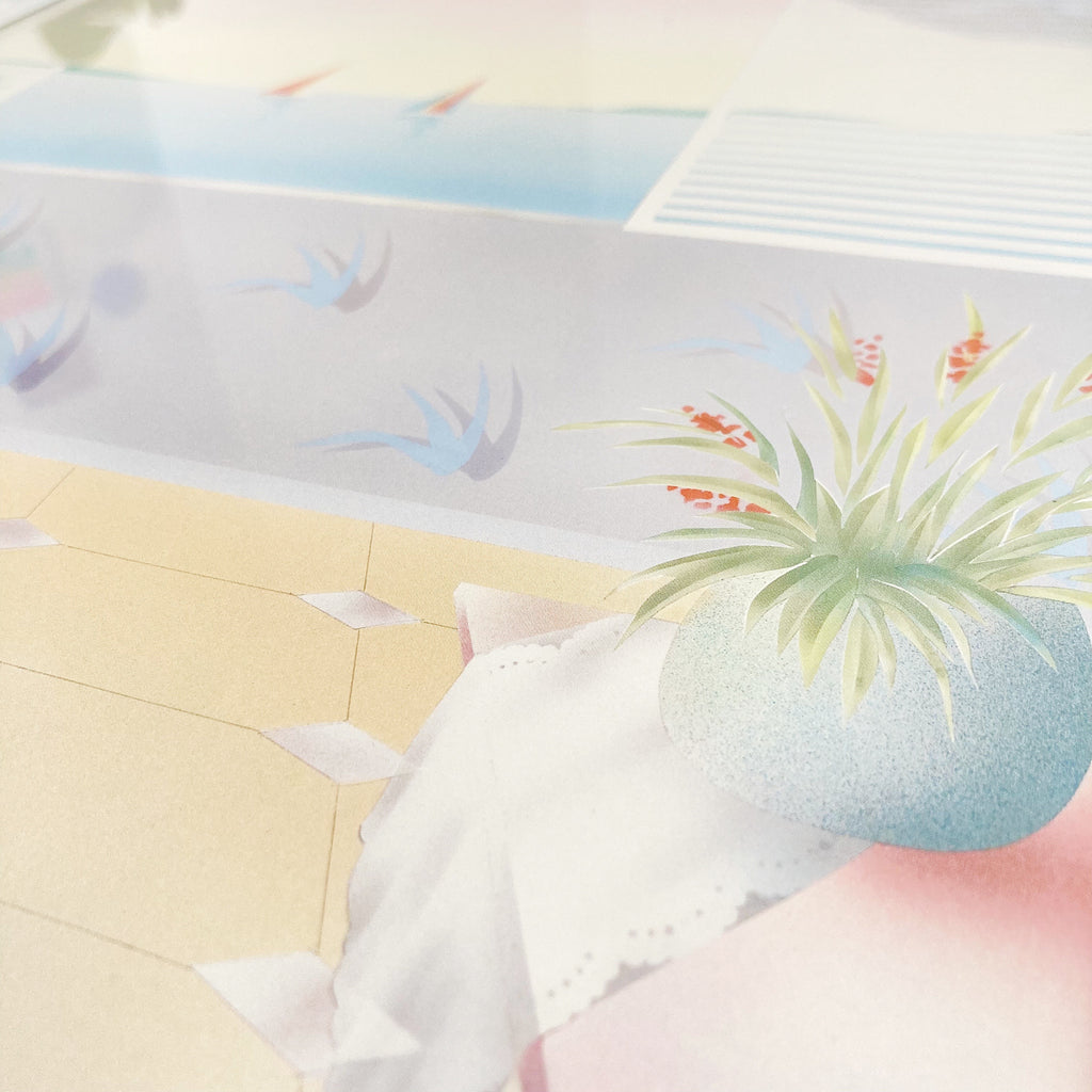 Lithographie années 80 vue mer pastel