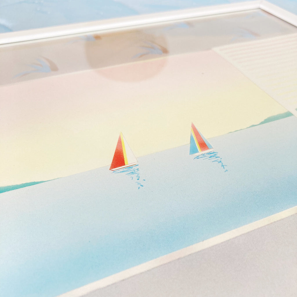 Lithographie années 80 vue mer pastel