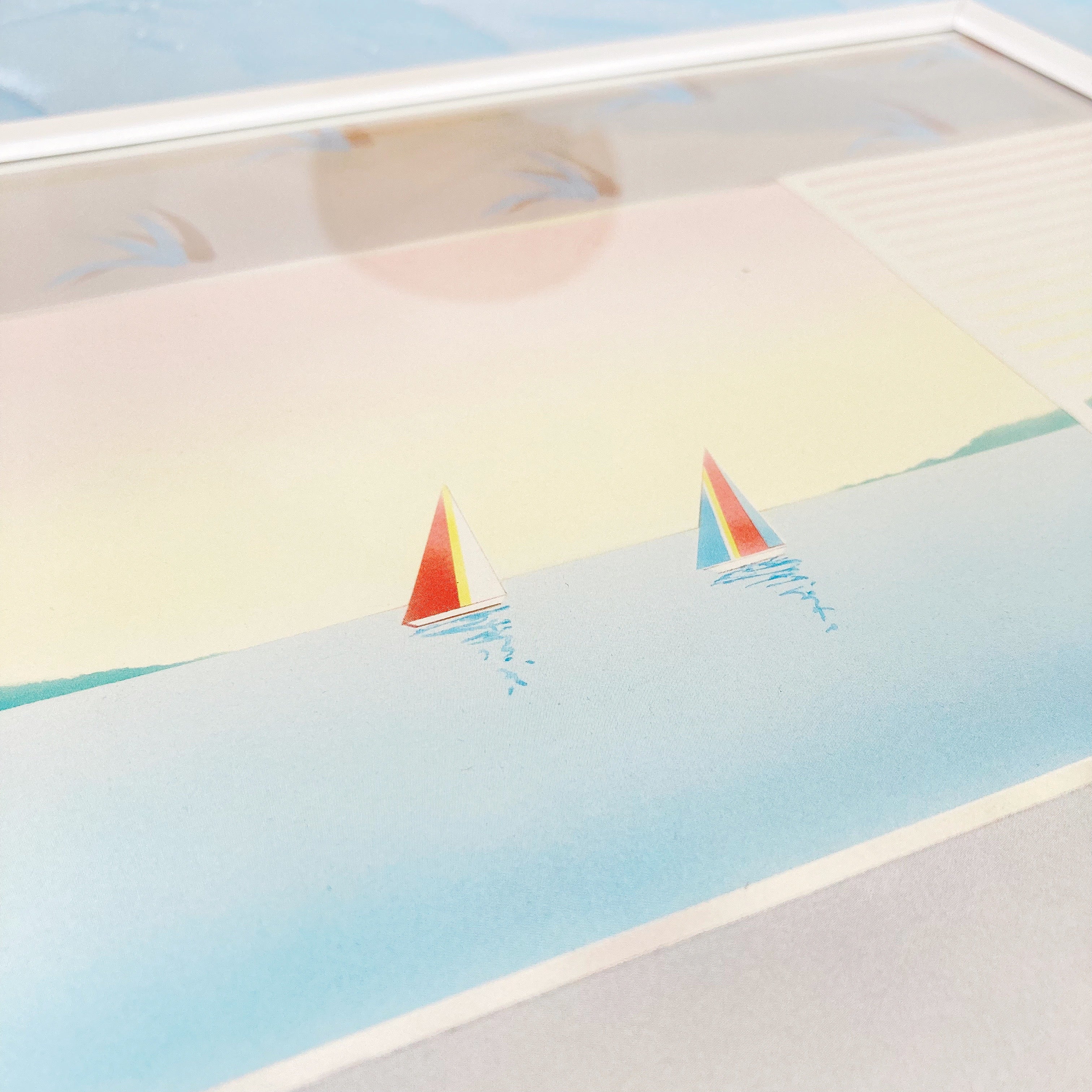 Lithographie années 80 vue mer pastel