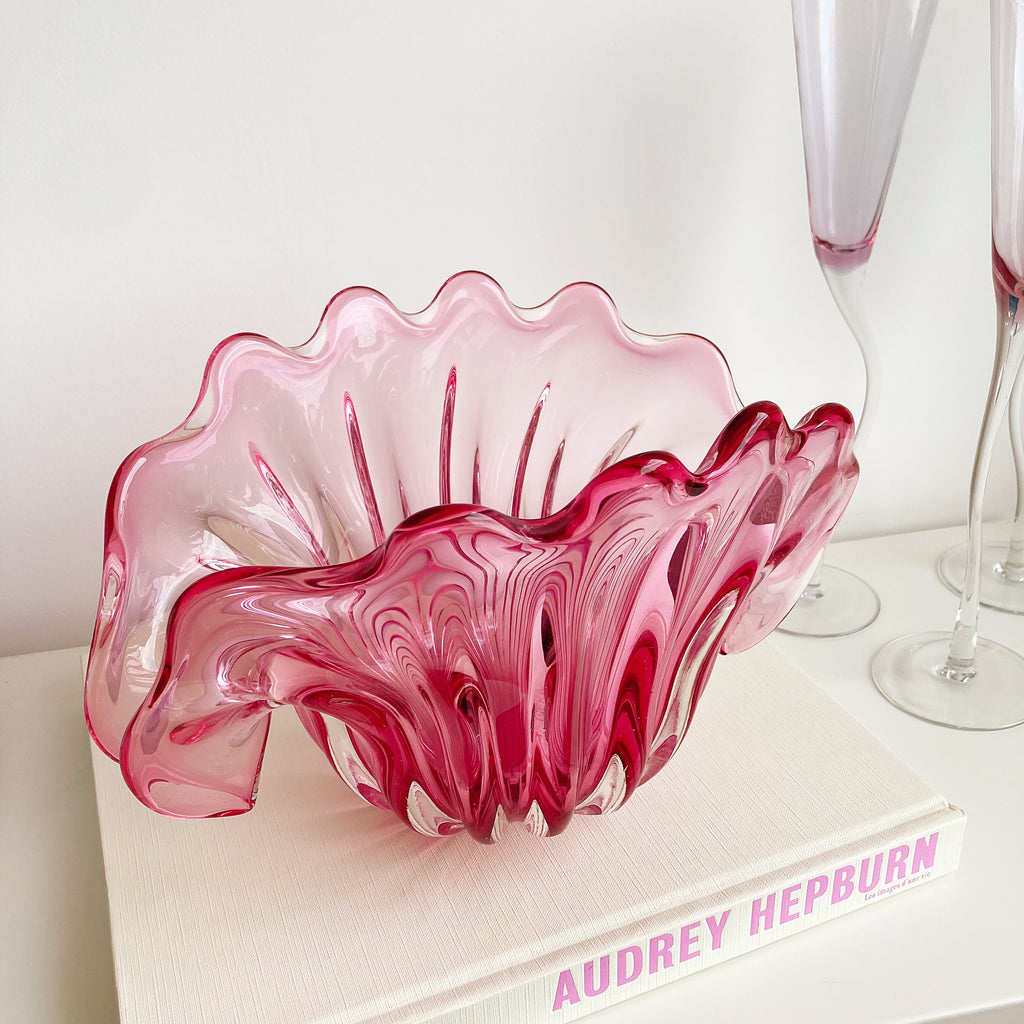 coupe vase coquillage en verre soufflé rose style Murano